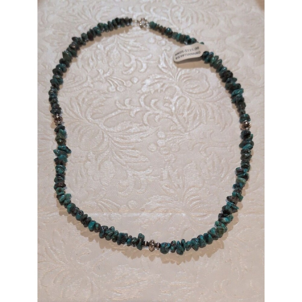 Egyptian Turquoise Chip Beaded Necklace With Sterling Silver Accents